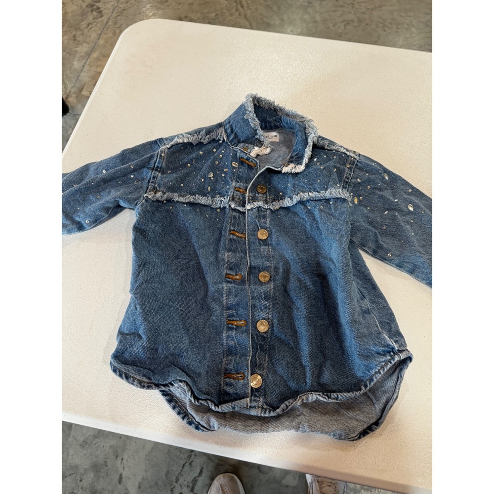 Zara Kids Blue Denim Shirt Jacket Frayed Rhinestone Embellished Size 6-7 CM 120